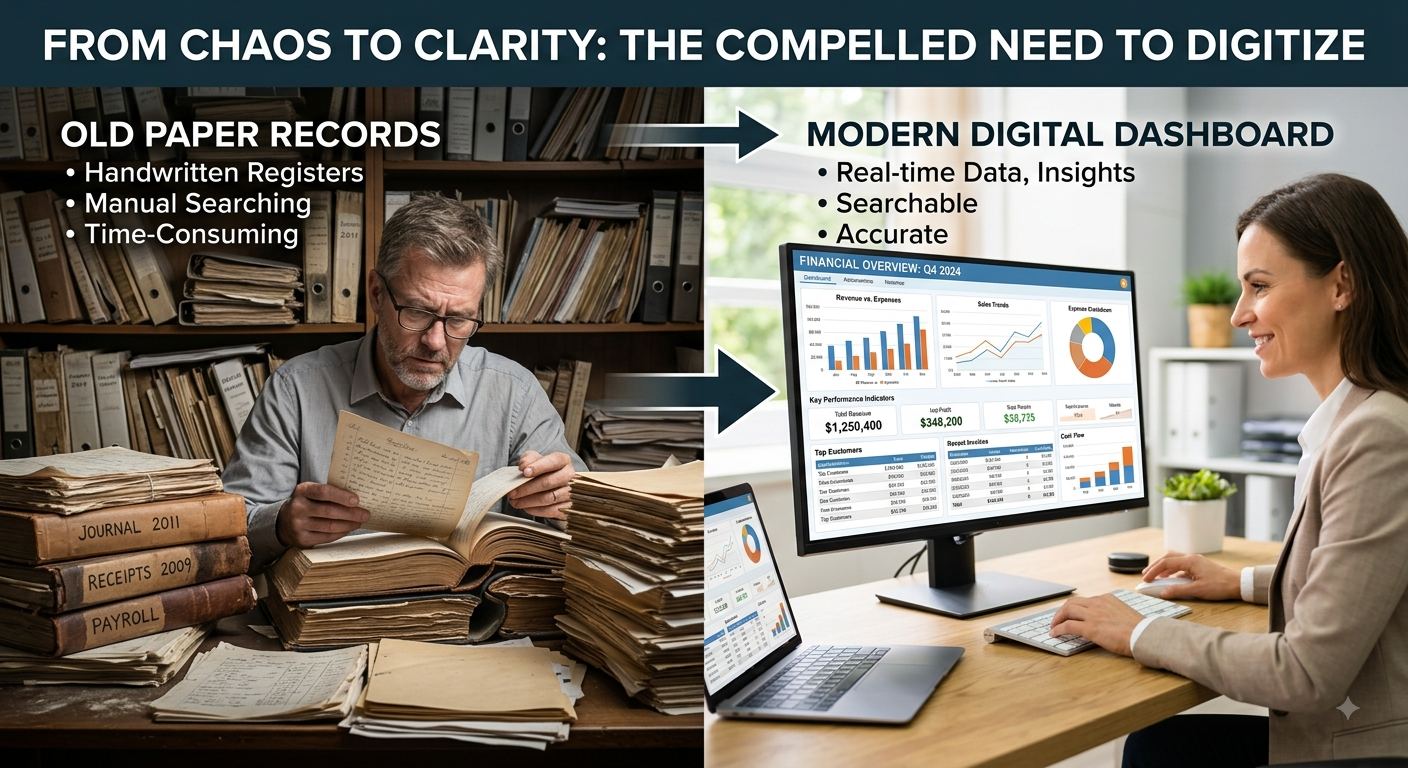 Old paper records vs modern digital accounting dashboard
